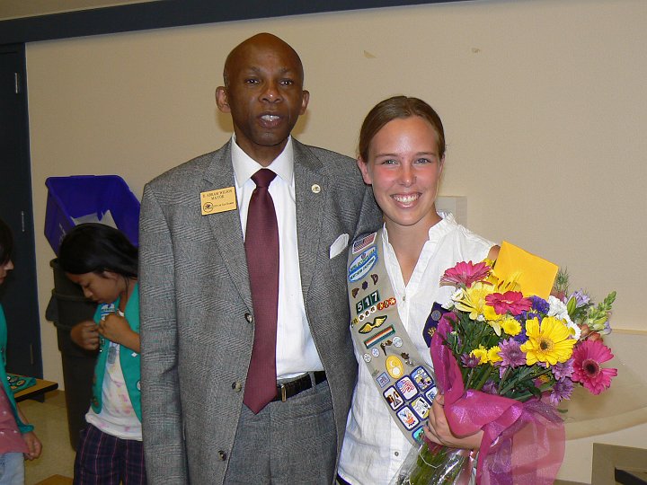 2008_05_29_Heather.jpg - May 29, 2008 - Heather receiving her Girl Scout "Gold" award - with San Ramon mayor, Abram Wilson