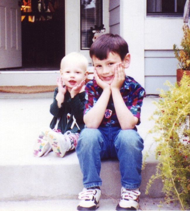 1995_02_25_T&S.jpg - September, 1995 - Travis off to his first day of Kindergarten - Sister had to join in with her pose.